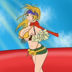 big_breasts bikini blonde_hair breast_grab breasts colored epsilon42 female female_only final_fantasy final_fantasy_x final_fantasy_x-2 looking_at_viewer rikku scarf smile solo wink