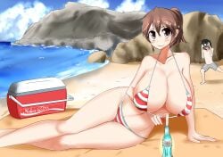 1boy aen030 arm_support aya_shootcrow beach beach_towel bikini blush bottle breasts brown_hair camera cleavage cloud curvy day dot_nose facing_viewer fallout_(series) feet_out_of_frame female flip-flops genderswap_(ftm) grey_male_swimwear grey_swim_trunks hakurei_reimu high_ponytail highres huge_breasts kureha_reimu legs_together looking_at_viewer lying male_swimwear nuka_cola nuka_cola_quantum ocean on_side outdoors pubic_hair pubic_hair_peek rule_63 sandals shameimaru_aya short_hair sideboob sky smile solo_focus striped_bikini striped_clothes swim_trunks swimsuit taking_picture touhou towel yukkuri_to_rooru_suru_trpg