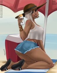 antonia_(fortnite) ass big_breasts dark-skinned_female dark_skin fortnite hat jeans_shorts latina panties shorts tan_body tan_skin tyrana white_hair white_topwear