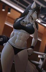 canine fitness gym lesspie muscles sed seductive sweat tattoo underwear wolf_girl