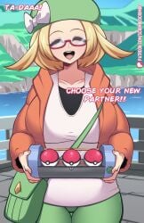 1girls bianca_(pokemon) big_breasts blonde_hair game_freak glasses hat nintendo pokemon pokemon_bw2 scrimblocrimbo tagme