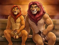 2boys adult age_difference ai_generated animal_genitalia anthro arms_by_side ball_tuft balls crotch_tuft duo father father_and_child father_and_son felid front_view fully_sheathed fur gay genitals grin hi_res incest inside lion male male/male males_only mammal mane mufasa navel nipples nude orange_body orange_fur painting_(artwork) pantherine parent parent_and_child penis penis_tip pink_nose public red_eyes red_mane sauna sheath side_by_side simba_(the_lion_king) sitting sitting_on_towel size_difference slim smile spread_legs spreading tail_tuft teeth the_lion_king traditional_media_(artwork) tuft wall_(structure) watercolor_(artwork) whisker_spots whiskers white_towel wood wood_wall yellow_sclera