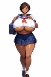 ai_generated belly belly_button big_breasts black_hair blue_skirt breasts breasts_bigger_than_head collarbone dark-skinned_female dark_skin female gigantic_breasts huge_breasts human major_chichisky massive_breasts original pleated_skirt revealing_clothes school_uniform schoolgirl schoolgirl_uniform serafuku solo sweat sweaty thick_thighs underboob