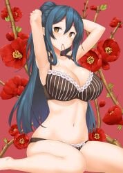 10s adjusting_hair arifureta_shokugyou_de_sekai_saikyou armpits arms_behind_head arms_up bare_arms bare_legs bare_shoulders barefoot black_bra black_panties blue_hair bra breasts brown_eyes cleavage collarbone female floral_background flower hair_between_eyes hair_tie hair_tie_in_mouth highres large_breasts lingerie long_hair looking_at_viewer mouth_hold navel panties pointy_ears ponytail red_background red_flower sidelocks sitting solo stomach striped_bra striped_clothes takayaki thighs tio_clarce tio_klarus underwear underwear_only wariza