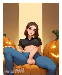 1futa 1girls ai_generated blue_eyes brown_hair crop_top futa_focus futa_only futanari halloween huge_balls huge_cock huge_cock jeans medium_hair penis pumpkin samsung_sam tagme thick_penis viviai