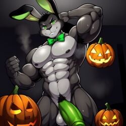 ai_generated animal_humanoid animatronic animatronic_male anthro balls bara black_body buster_(trtf) fazbear_fanverse felid feline fnaf frosting.ai furry furry_male furry_only gay halloween jack-o'-lantern male male_only musk musk_clouds naked no_humans nude penis rabbit sugar1989 the_return_to_freddy's