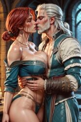 ai_generated ass breasts castle closed_eyes geralt_of_rivia ginger ginger_hair huge_ass huge_breasts kissing nude panties passionate passionate_kiss pov ruutel10 the_witcher_(series) the_witcher_3:_wild_hunt triss_merigold