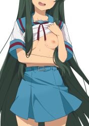 belt blue_belt blue_sailor_collar blue_skirt breasts breasts_out clothes_lift collarbone embarrassed eyes_out_of_frame female green_hair highres kita_high_school_uniform lifting_own_clothes long_hair medium_breasts morisobo nipples open_mouth pleated_skirt red_ribbon ribbon sailor_collar school_uniform serafuku shirt_lift short_sleeves simple_background skirt solo standing summer_uniform suzumiya_haruhi_no_yuuutsu sweat tongue tsuruya very_long_hair white_background