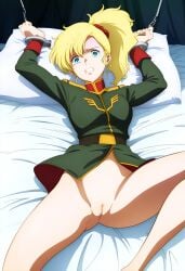 1girls ai_generated angry_face blonde_hair bondage bottomless bound elle_vianno female gundam gundam_zz handcuffed handcuffs ht_minestrone lying_on_bed military nai_diffusion nakadasi petite pussy solo solo_female stable_diffusion uniform_jacket zeon