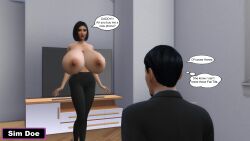 1boy big_breasts big_nipples black_hair caption captions father_and_daughter female massive_breasts original_characters pervert_male sexy sexy_pose sim_doe sims4 tits_out topless younger_female