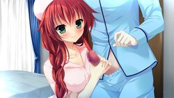 1boy artist_request blush breasts censored female game_cg green_eyes handjob haruna_sayaka indoors large_breasts mosaic_censoring nyan_nyan_(company) penis red_hair tagme uekura_yuu