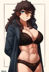 1girls abs ai_generated casual_clothes hismajestyii large_breasts muscular_female novelai panties seiko_tanaka_(hismajestyii) shirt t-shirt toned toned_body toned_female wide_hips