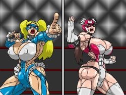 2024 2d 2d_(artwork) 2futas allesey blonde_hair breasts_bigger_than_head brown_hair bulge capcom catfight crossover fight futa_on_futa futanari huge_breasts julia_chang muscular_futanari namco oppai rainbow_mika ryona sexfight sexual_competition street_fighter tekken wrestler wrestler_costume wrestling wrestling_mask wrestling_outfit wrestling_ring