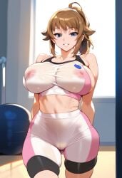 2d ai_generated big_breasts bike_shorts brown_hair brown_hair_female female female_focus female_only gundam gundam_build_fighters gundam_build_fighters_try hoshino_fumina indoors ponytail solo solo_female solo_focus sports_bra tagme