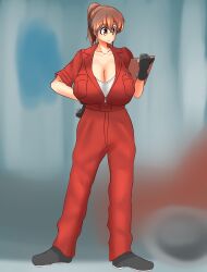 aen030 black_footwear black_gloves blurry blurry_background breasts brown_eyes brown_hair cleavage clipboard female female_focus full_body gloves hakurei_reimu hand_on_own_hip high_ponytail highres huge_breasts jumpsuit kureha_reimu open_clothes ponytail red_jumpsuit short_hair solo standing touhou yukkuri_to_rooru_suru_trpg