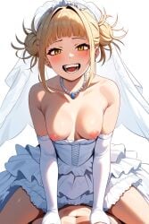 ai_generated blonde_hair blush blushing_at_viewer breasts_out cowgirl_position eye_contact happy happy_sex himiko_toga looking_at_viewer my_hero_academia nipples open_mouth pearl_necklace pink_nipples pov pov_eye_contact pov_sex small_breasts su_whore_(artist) topless topless_wedding_dress wedding_dress wedding_veil white_background white_gloves yellow_eyes