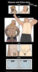 anthro bear blonde_hair bottomwear clothed clothing djtaka duo flaccid foreskin front_view genitals hair hands_on_waist hi_res hyena licking licking_lips male male/male mammal nude open_mouth open_smile penis polar_bear rear_view shorts size_difference smile standing teeth tongue topless unretracted_foreskin ursine