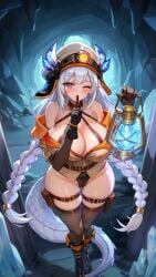 1girl 1girls bare_shoulders belt big_breasts black_gloves blush boots braid braided_hair braided_ponytail braids breasts cleavage explorer kirsten_(project_qt) lantern long_braid long_braids long_hair off_shoulder project_qt purple_eyes silver_hair solo standing tagme tail thigh_highs thighhighs twin_braids video