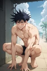 1boy abs ai_generated another_megumi bangs bara barefoot black_hair black_male_underwear black_shorts blush closed_mouth cloud collarbone day full_body fushiguro_megumi hair_between_eyes jujutsu_kaisen looking_at_viewer male_focus muscular muscular_male navel nipples outdoors pectorals short_hair shorts sky solo spiked_hair squatting sweat toned toned_male topless_male tree