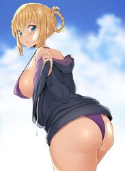 ass blend_s blonde_hair blue_eyes bra breasts cleavage female female_only hinata_kaho looking_at_viewer looking_back noripachi panties solo