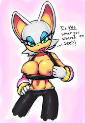 2014 anthro areola bat big_breasts breasts clothed clothing drxsmokey english_text erect_nipples female flashing green_eyes hair mammal nipples partially_clothed rouge_the_bat solo sonic_(series) sonic_riders text undressing white_hair