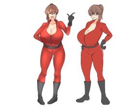 aen030 belt black_belt black_gloves blush bodysuit boots breasts brown_hair cleavage commentary_request curvy female full_body gloves hair_between_eyes hakurei_reimu hand_on_own_hip happy high_ponytail highres huge_breasts jumpsuit kureha_reimu one_eye_closed pigeon-toed ponytail red_bodysuit red_jumpsuit simple_background smile standing touhou white_background wink yukkuri_to_rooru_suru_trpg