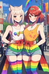 2girls ai_generated blonde_hair breasts brown_eyes cat_ears catgirl core_crystal denim_shorts hand_on_another&#039;s_hip large_breasts looking_at_viewer nia nintendo orange_tank_top outside pride_color_flag pride_colors pyra red_hair robofun short_hair shorts sky small_breasts tank_top thighhighs tiara white_tank_top xenoblade_(series) xenoblade_chronicles_2