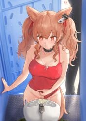 1girls angelina_(arknights) angelina_(summer_flowers)_(arknights) animal_ears arknights female female_using_urinal one-piece_swimsuit peeing runyo_(yale12312) swimsuit urinal