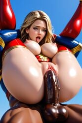 ahegao_face ai_generated big_breasts captain_marvel carol_danvers dark-skinned_male full_nelson interracial marvel marvel_comics thighhighs