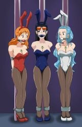 3girls ankle_cuffs ball_gag black_eyes black_hair blue_hair blue_leotard bondage breasts brown_eyes bunny_ears d-mizton fake_animal_ears gag gagged high_heels key large_breasts leotard long_hair nami nefertari_vivi nico_robin one_piece orange_hair pantyhose playboy_bunny pole purple_eyes red_leotard sunglasses sunglasses_on_head tied_to_pole white_leotard wrist_cuffs