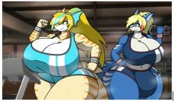 1boy1girl 2020s 2023 2024 2d 2d_(artwork) 5_fingers :) anthro anthro_only big_breasts big_bulge blonde_hair blue-skinned_female blue_clothing blue_eyes blush booty_shorts breasts bulge busty_boy curvaceous curvy curvy_body curvy_female curvy_figure ear female female_focus female_only furry furry_only gym gym_clothing gym_uniform hi_res highres hips hyper hyper_breasts large_ass large_breasts long_ears male marine nova_(ch0c0novawaffle) penis_under_clothes running sasha_(sunsharksasha) sasha_sweets scalie shark shark_girl shark_tail sharp_teeth short_hair sideboob skindentation smile smiling sports_bra tail thick_tail tight_clothing treadmill verykinkypie wide_hips yellow_eyes