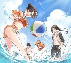 1girls 2boys arms_up ball bare_arms bare_legs bare_shoulders bent_over bikini black_eyes black_hair blue_sky blunt_bangs brown_eyes brown_hair clenched_hand cloud cloudy_sky collarbone double_bun female fish friends frilled_bikini frills from_behind from_below from_side hair_bun hair_up high_ponytail highres hyuuga_neji jacket light_blush long_hair looking_at_object looking_at_viewer looking_back multiple_boys naruto naruto_(series) naruto_shippuden no_pupils ocean off_shoulder open_clothes open_jacket open_mouth orange_bikini outdoors palm_tree parted_bangs parted_lips purple_eyes rock_lee short_hair shorts sky solid_circle_eyes splashing standing stomach sunlight swimsuit tenten thick_eyebrows tree usao_(313131) wading water