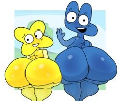 2boys anthrofied ass_bigger_than_body ass_focus battle_for_dream_island bfdi blue_body four_(bfb) furu_flami huge_ass hyper_ass looking_at_viewer shortstack smiling sweating waving_hand x_(bfb) yellow_body