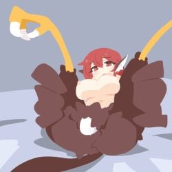 animal_ears big_o_pants bird_ears bird_legs bird_tail blush breasts brown_feathers brown_wings cloaca commentary_request egg_laying feather_fingers feathers female fio-chan_(big_o_pants) hair_between_eyes harpy large_breasts long_hair looking_at_viewer monster_girl nipples no_lineart nude open_mouth original pussy_juice red_eyes red_hair solo spread_legs tail talons winged_arms wings