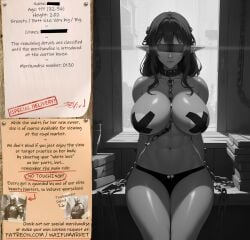 ai_generated anime big_breasts big_nipples black_tape bondage bounty_hunters chains collar dryad edited evil fantasy female fictional lingerie market naked nude photoshop pussy_hair roleplay slave slavegirl slavery special waifu waifumarket