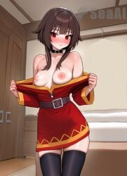 1girls ai_generated breasts_out cowboy_shot indoors kono_subarashii_sekai_ni_shukufuku_wo! megumin nipples seacreator solo stockings undressing