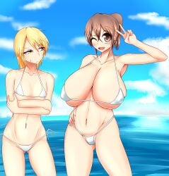 2girls aen030 armpits bikini blonde_hair breast_envy breasts brown_eyes brown_hair cleavage cloud contrapposto cowboy_shot facing_viewer flat_chest gluteal_fold hair_between_eyes hakurei_reimu hand_on_own_hip high_ponytail highres huge_breasts kirisame_marisa kureha_reimu linea_alba looking_at_breasts looking_at_viewer marisa_carnby micro_bikini multiple_girls navel ocean one_eye_closed pubic_hair pubic_hair_peek short_hair side-tie_bikini_bottom skindentation sky smile standing sweatdrop swimsuit touhou underboob v white_bikini wink yukkuri_to_rooru_suru_trpg