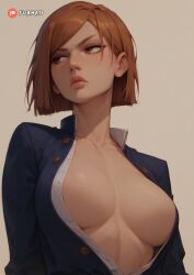 ai_generated cleavage furbro jujutsu_kaisen kugisaki_nobara looking_at_another perfect_body unbottoned_shirt unbuttoned