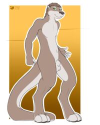 absurd_res animal_genitalia brown_fur fur green_eyes hair hi_res hybrid kangaroo kangootter kelani krazykurt male mammal marsupial mustelid nude otter paws sheath smile solo standing