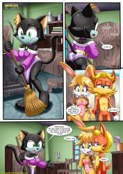 1boy 2girls anthro antoine_d'coolette bbmbbf bunnie_rabbot comic ebony_the_cat female how_many_times_per_day_(comic) male mobius_unleashed palcomix sega sonic_(series) sonic_the_hedgehog_(series)