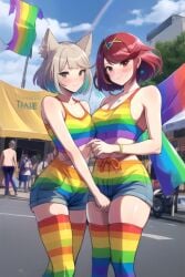 2girls ai_generated blonde_hair bracelet breasts cat_ears catgirl core_crystal crop_top grey_eyes large_breasts looking_at_viewer midriff nia nintendo outside pride_color_clothing pride_color_flag pride_colors pyra red_eyes red_hair robofun short_hair shorts sky small_breasts thighhighs tiara xenoblade_(series) xenoblade_chronicles_2