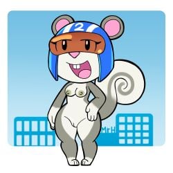 agent_s_(animal_crossing) animal_crossing anthro armor breasts el_senor_erizo eyelashes female fur genitals grey_body headgear helmet hi_res mammal multicolored_body multicolored_fur nintendo nipples nude open_mouth pussy rodent sciurid smile solo tail thick_thighs tree_squirrel two_tone_body two_tone_fur wide_hips