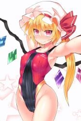 1girls 2021 arms_up blonde_hair blush breasts_visible_through_clothing embarrassed female flandre_scarlet headwear hisui_(stapspats) leotard long_hair looking_at_viewer ponytail red_eyes shy shy_smile side_ponytail small_breasts smile smiling solo standing swimsuit thighs touhou vampire wings