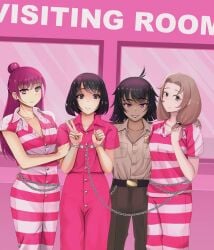 4girls black_eyes black_hair breasts brown_eyes brown_hair brown_pants brown_shirt chains en17 handcuffs lock long_hair looking_at_viewer medium_breasts original padlock pants prison prison_guard prison_uniform prisoner purple_eyes purple_hair shirt shirt_tucked_in short_hair