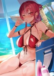 beach bikini fingernails hololive hoshara houshou_marine large_breasts popsicle unamused virtual_youtuber