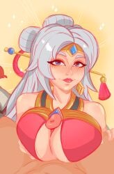 1boy 1girls big_breasts blue_eyes blush blushing boob_window boobjob breast_squish breasts clothed clothing female fernando_(paladins) hi-rez_studios lian_(paladins) lipstick long_hair makeup male mett_04 paladins pov pov_eye_contact smile white_hair