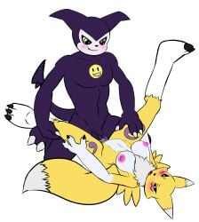 anthro bandai_namco big_breasts blush bodily_fluids breasts canid canine digimon digimon_(species) duo female fox from_front_position genital_fluids hi_res humanoid imp impmon lying male male/female mammal missionary_position nude on_back pia-sama renamon sex spread_legs spreading