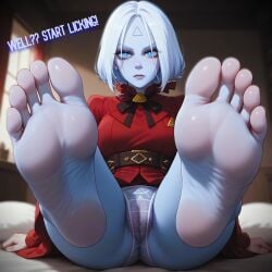 ai_generated barefoot cameltoe deadlock dialog feet feet_fetish feet_focus femdom looking_at_viewer pov pov_feet see-through_panties solo vindicta_(deadlock)