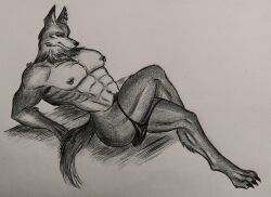 anthro body_hair bottomwear bottomwear_around_one_leg bottomwear_down canid canine canis clothing clothing_around_one_leg hi_res male mammal muscular muscular_anthro nipple_piercing nipples nude panties pants pants_around_one_leg paws piercing piercing_fetish solo underwear wolf