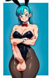 1futa ai_generated blue_eyes blue_hair bulma_briefs bunny_costume bunny_ears bunnysuit cleavage crossed_arms dragon_ball dragon_ball_super dragon_ball_z dripping_cum futa_only futanari hi_res huge_balls huge_breasts huge_cock light-skinned_futanari light_skin marrielobste self_upload smile smiling thick_thighs